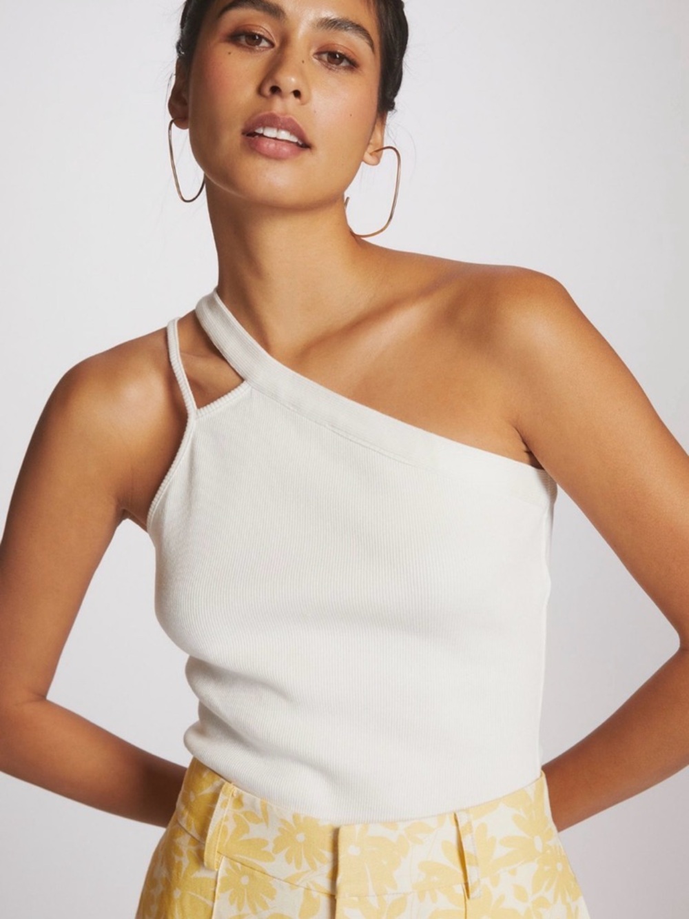 Anthropologie White One-Shoulder Ribbed Tank